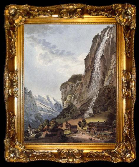 framed  Johann Ludwig Aberli Fall d-eau apellee Staubbach in the Vallee Louterbrunnen, ta009-2